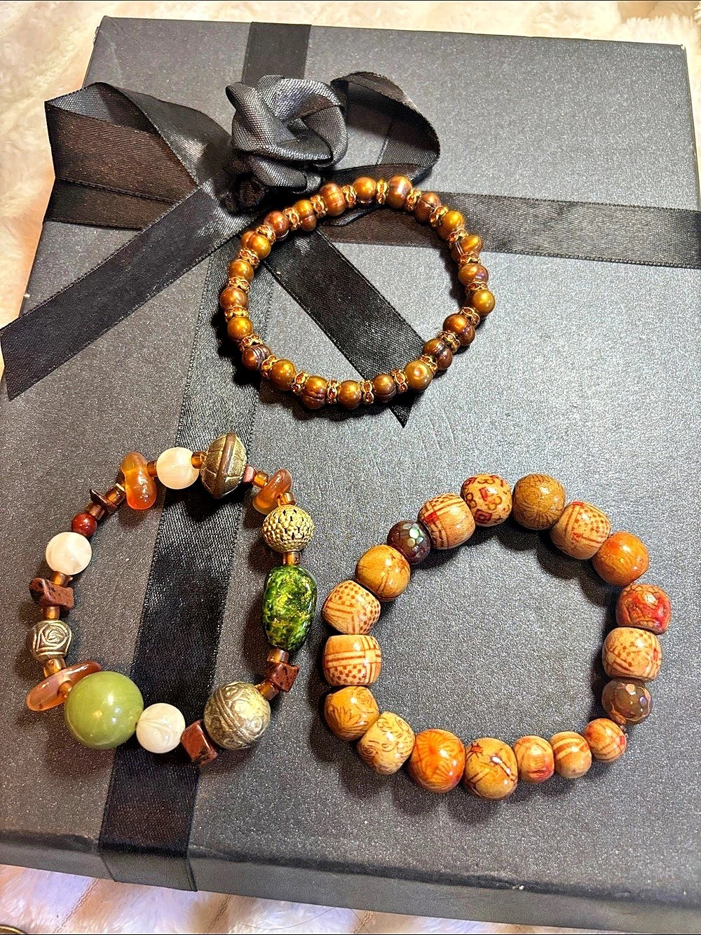 3 Beaded Stretch Bracelets Brown & Orange